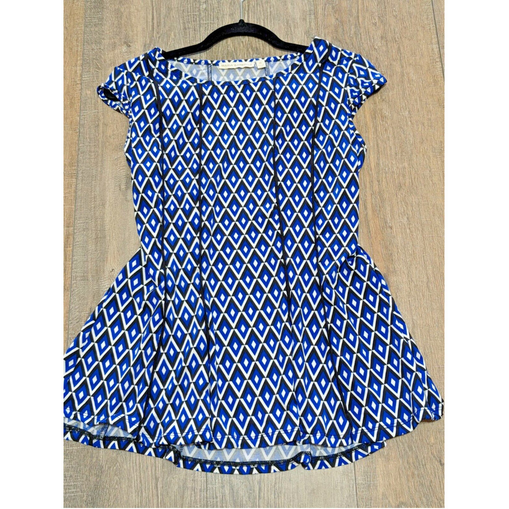 Maria Gabrielle Top Womens Medium Blue Diamond Print Short Cap Sleeve Stretch